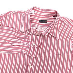Corneliani  Button Shirt Mens XL Linen Blend Long Sleeve Pocket Pink Striped